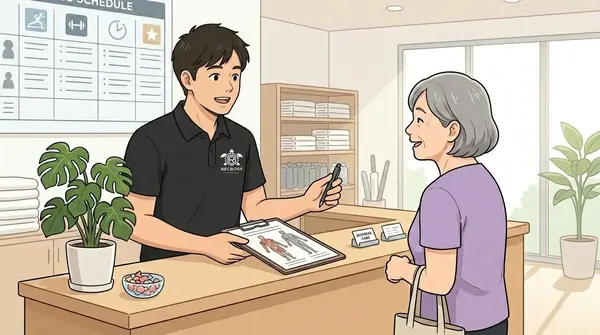 カウンセリング：受付でトレーナーが体の図を見せながら体調やお悩みを聞いている様子