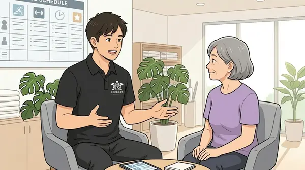 振り返り：いすに座ってトレーナーと女性が今日の運動を振り返っている様子